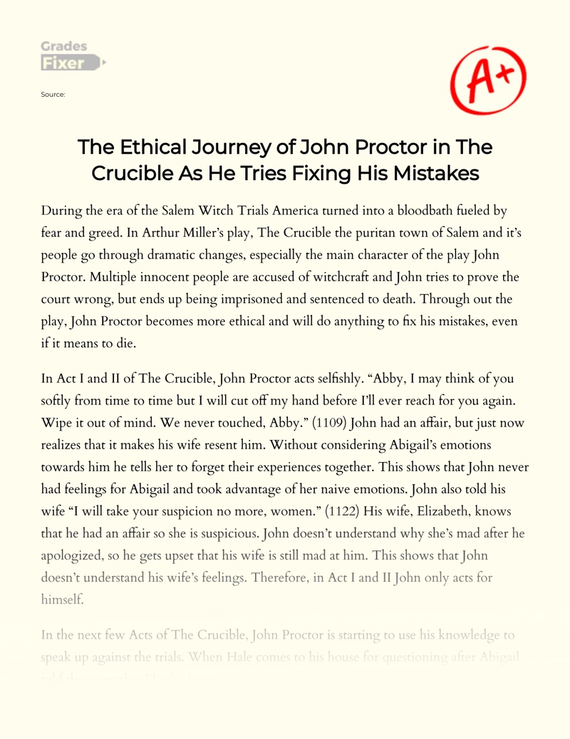 The Ethical Journey of John Proctor in The Crucible as He Tries Fixing His Mistakes Essay
