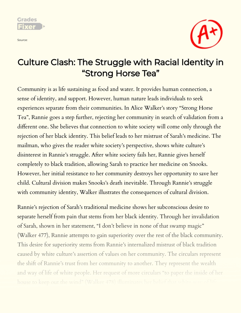 Culture Clash: The Struggle with Racial Identity in "Strong Horse Tea" Essay
