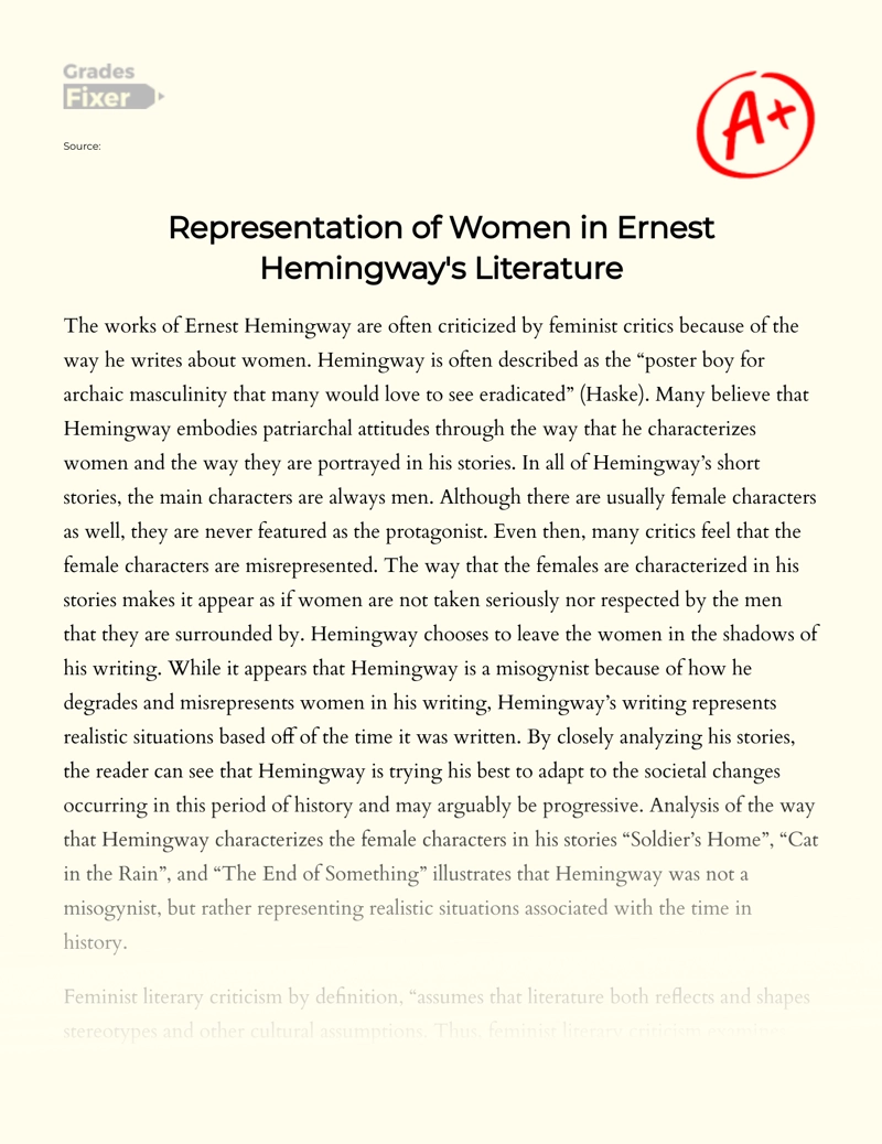 Representation of Women in Ernest Hemingway's Literature Essay