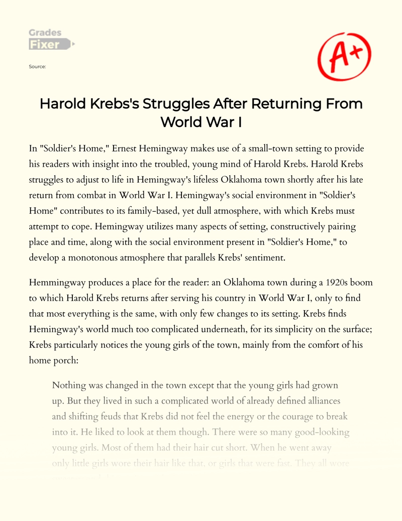 Harold Krebs's Struggles after Returning from World War I Essay