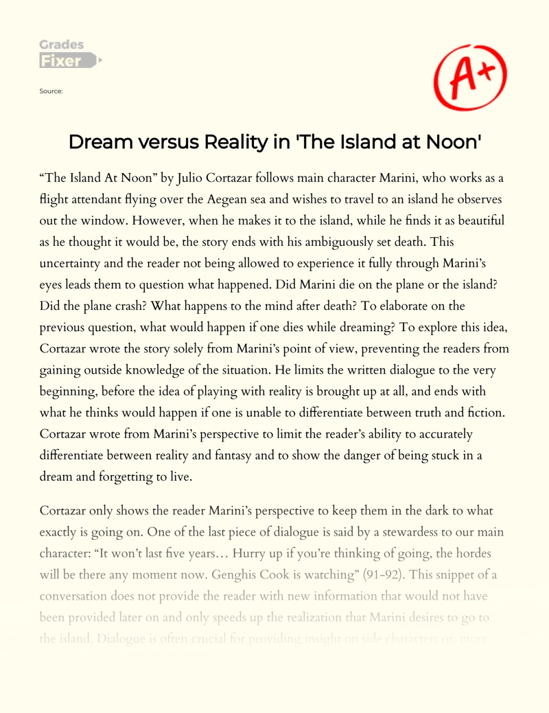 Dream Versus Reality in 'The Island at Noon' Essay
