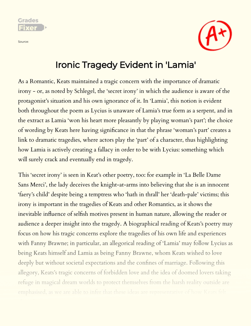 Ironic Tragedy Evident in 'Lamia' Essay