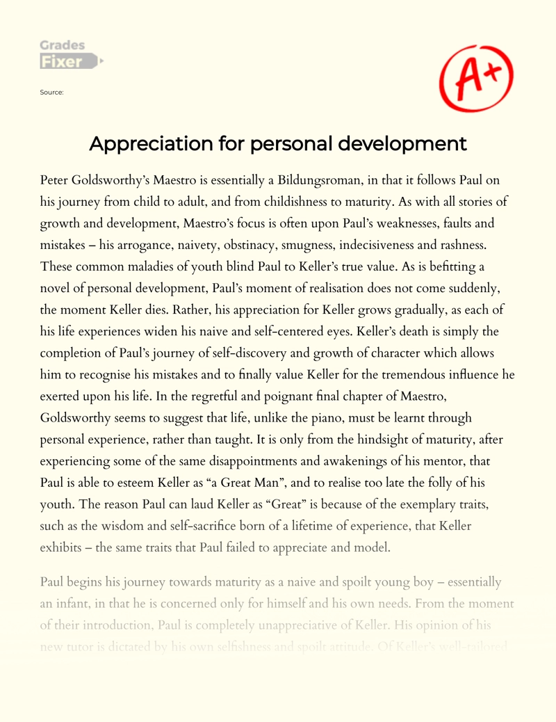 Appreciation for Personal Development in Maestro by Peter Goldworthy Essay