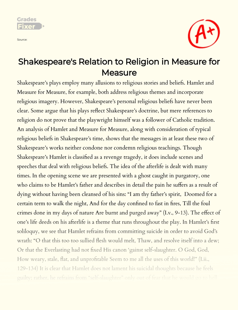 Shakespeare's Relation to Religion in Measure for Measure Essay