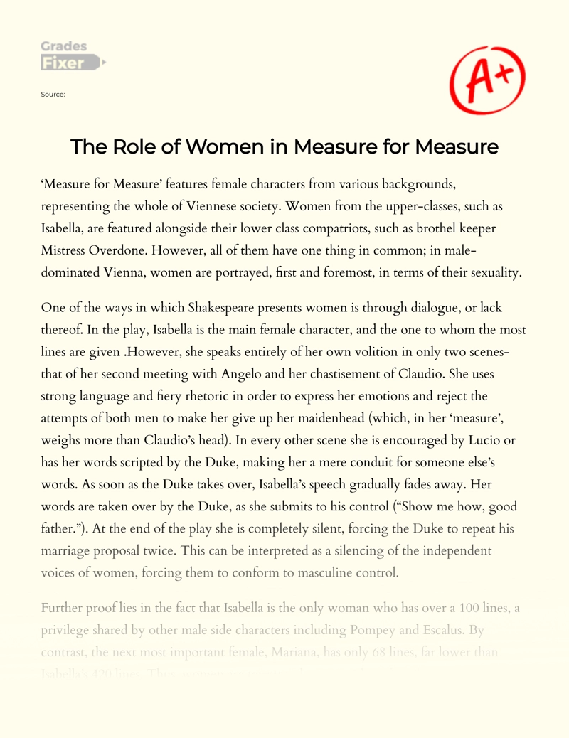 The Role of Women in Measure for Measure essay