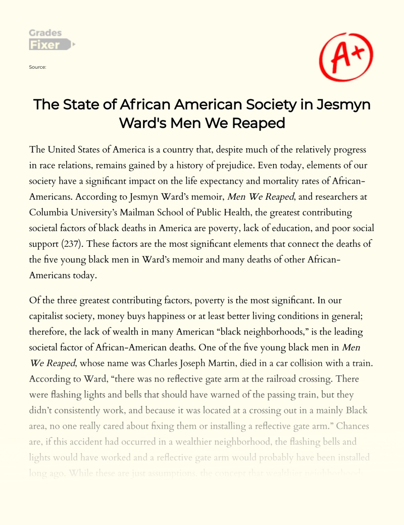 The State of African American Society in Jesmyn Ward Men We Reaped Essay
