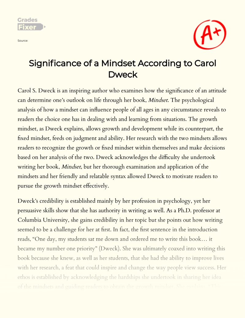 Significance of a Mindset According to Carol Dweck Essay