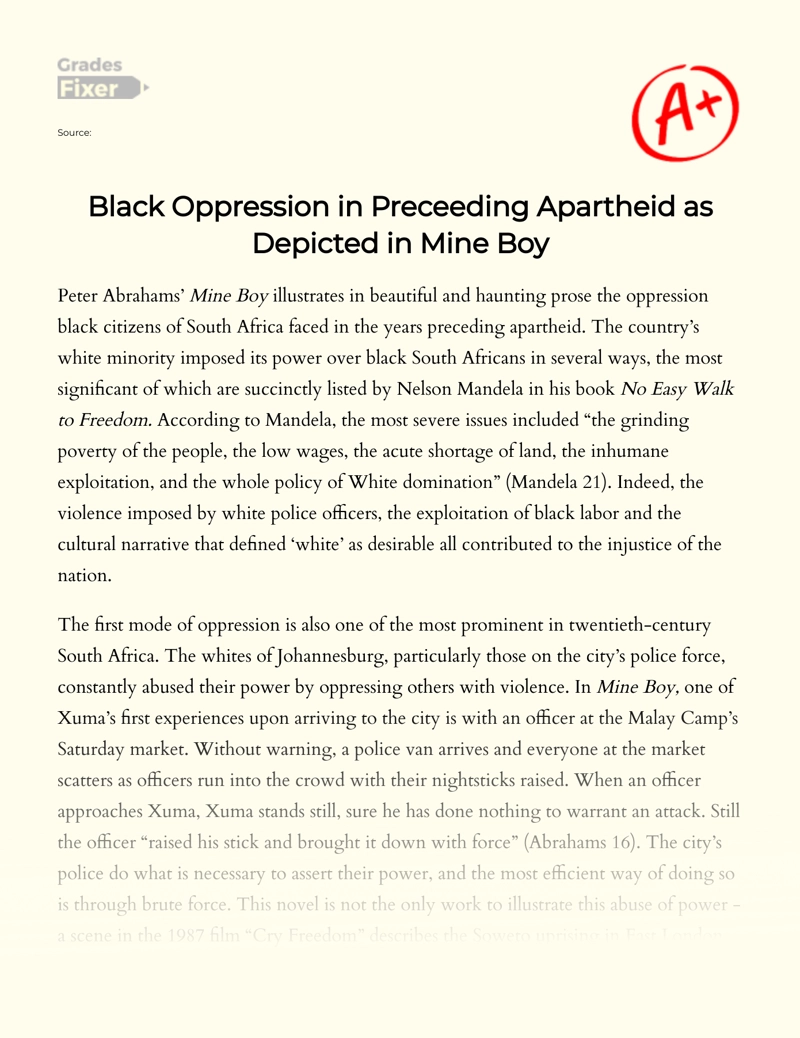 Black Oppression in Preceding Apartheid as Depicted in Mine Boy Essay
