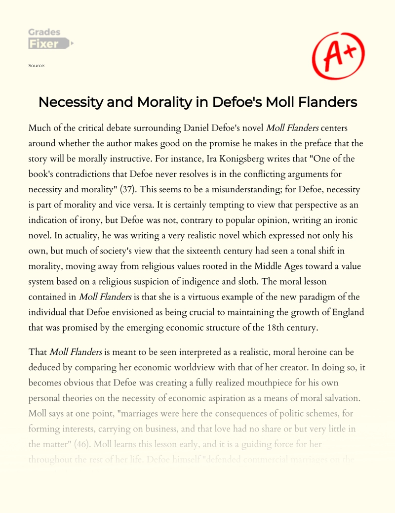 Necessity and Morality in Defoe's Moll Flanders essay