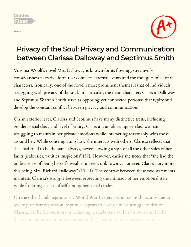 Privacy of The Soul: Privacy and Communication Between Clarissa Dalloway and Septimus Smith   essay