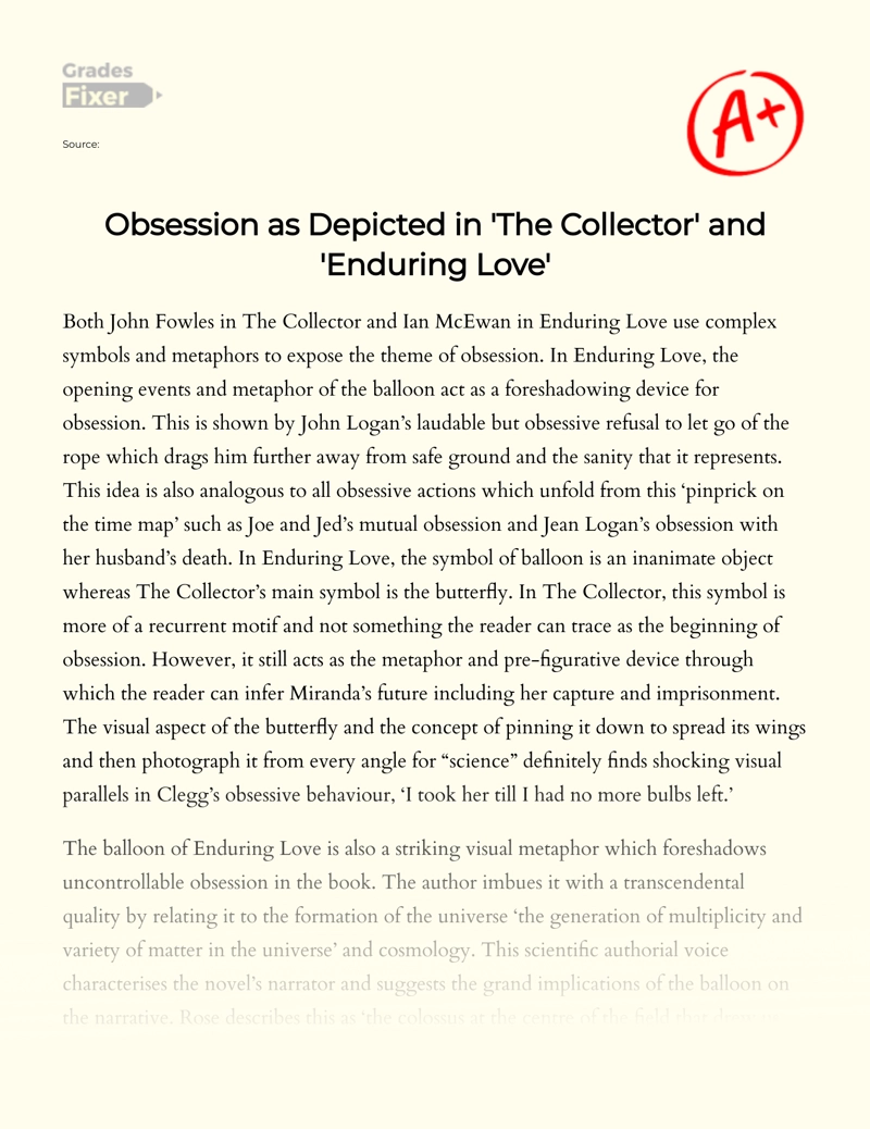 Obsession as Depicted in 'The Collector' and 'Enduring Love' essay