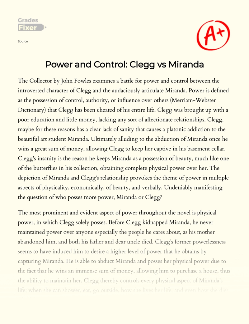 Power and Control in The Collector: Clegg Vs Miranda Essay