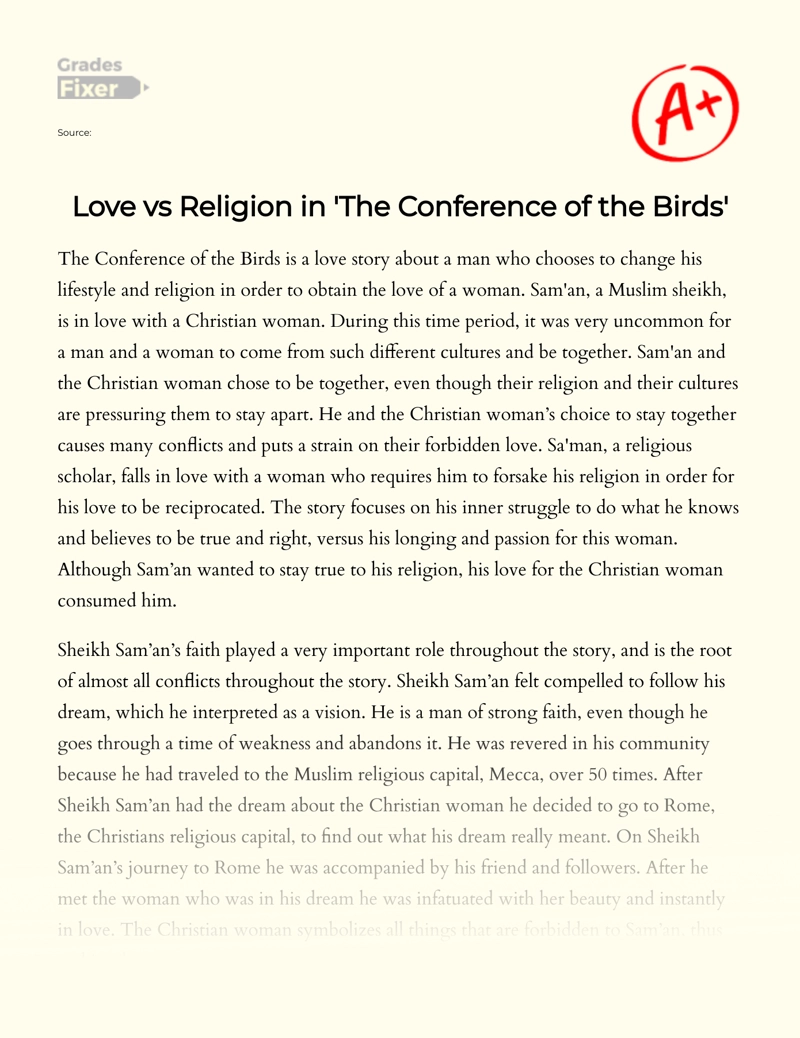 The Conference of The Birds': The Story of Sheikh Sam'an Summary Essay