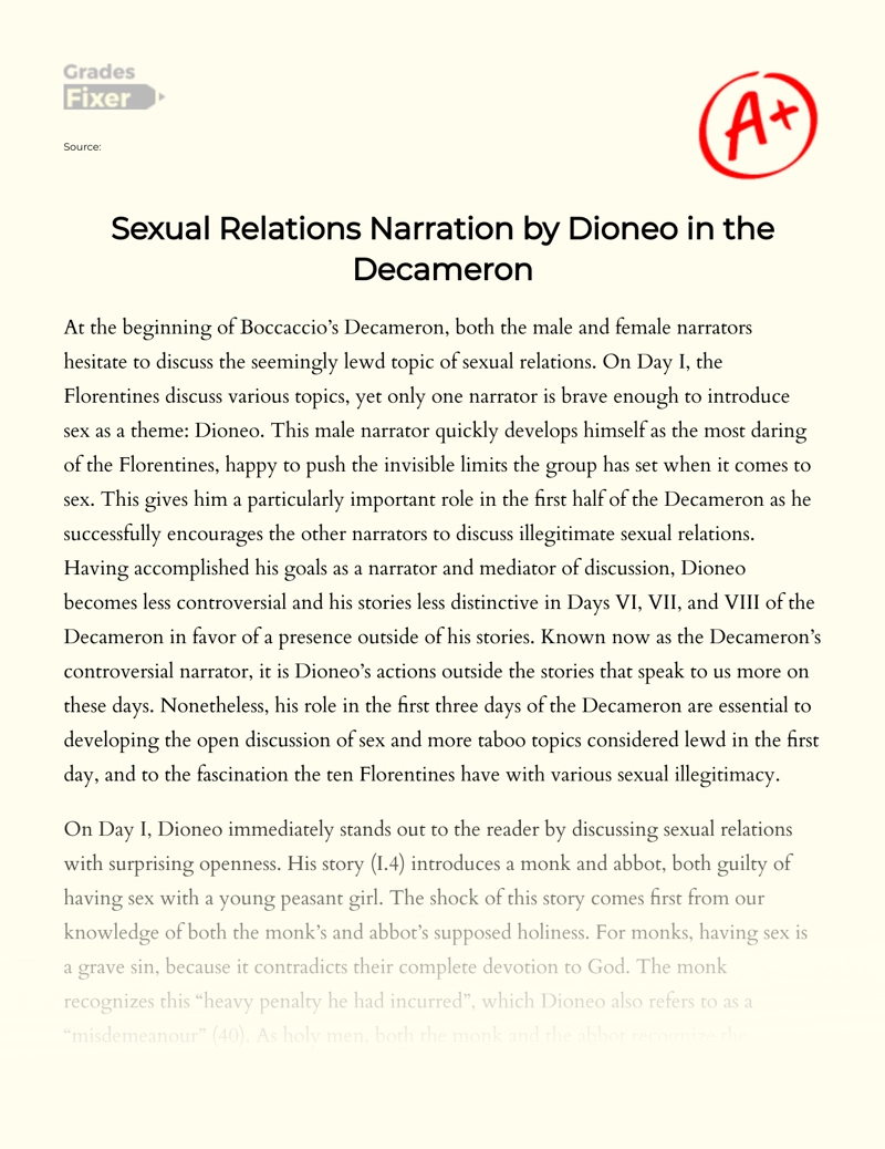 Sexual Relations Narration by Dioneo in "The Decameron" Essay