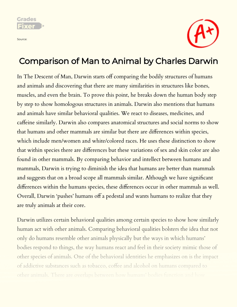 Comparison of Man to Animal by Charles Darwin Essay