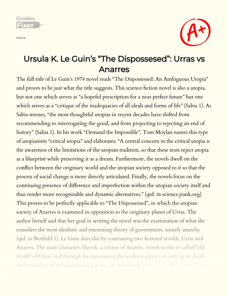 Ursula K. Le Guin "The Dispossessed": Urs Vs Antares Essay