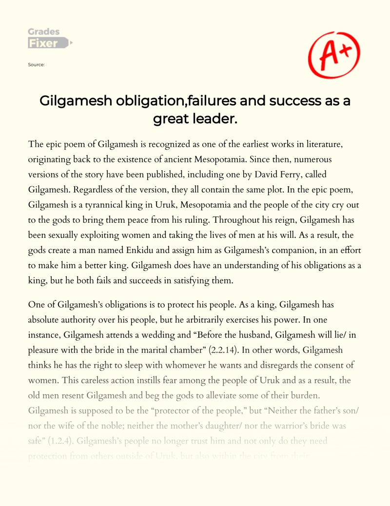 Gilgamesh Obligation,failures and Success as a Great Leader essay