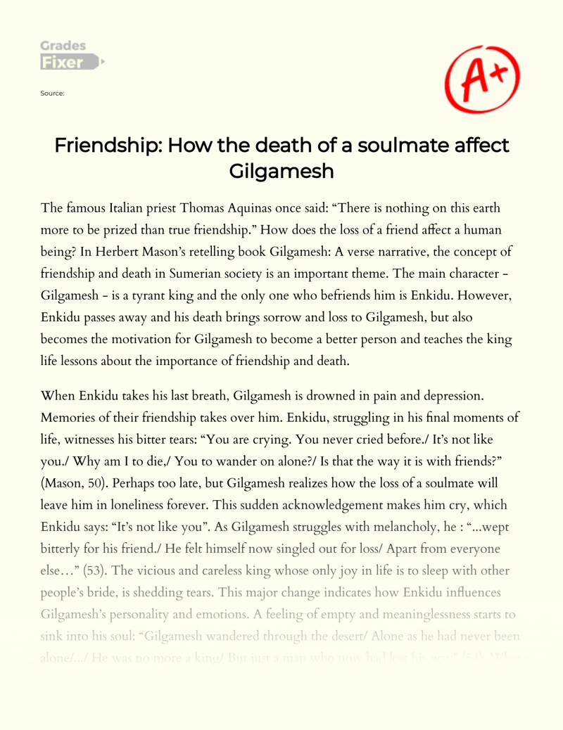 Friendship: How The Death of a Soulmate Affect Gilgamesh Essay