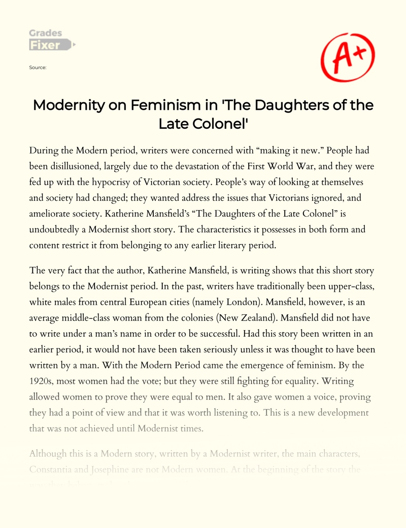 Modernist Elements in 'The Daughters of The Late Colonel' Essay