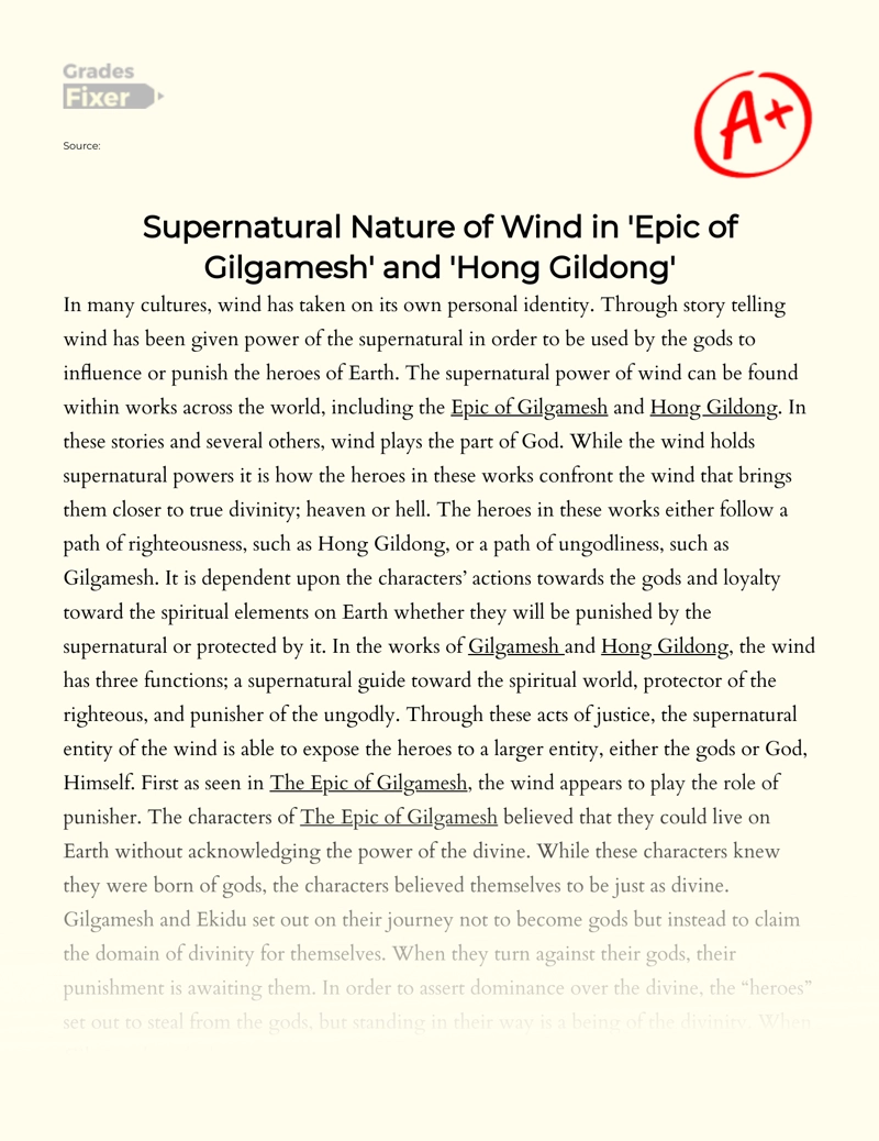 Supernatural Nature of Wind in 'Epic of Gilgamesh' and 'Hong Gildong' Essay