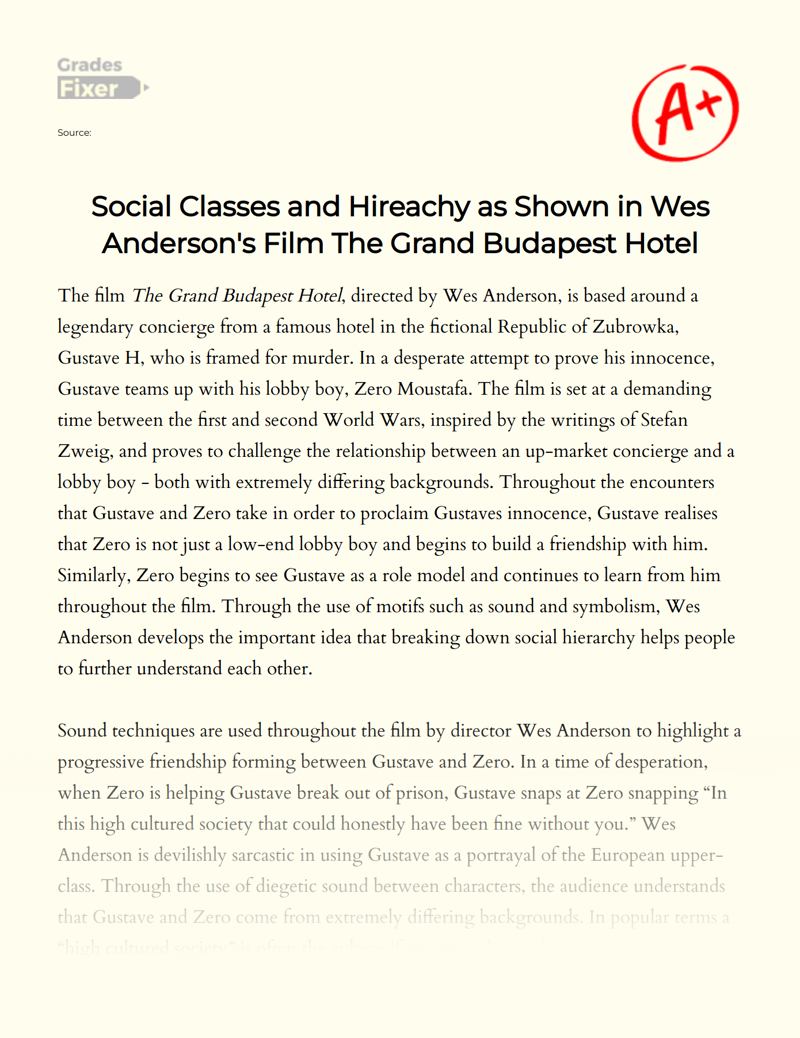 Social Classes and Hireachy as Shown in Wes Anderson's Film The Grand Budapest Hotel Essay
