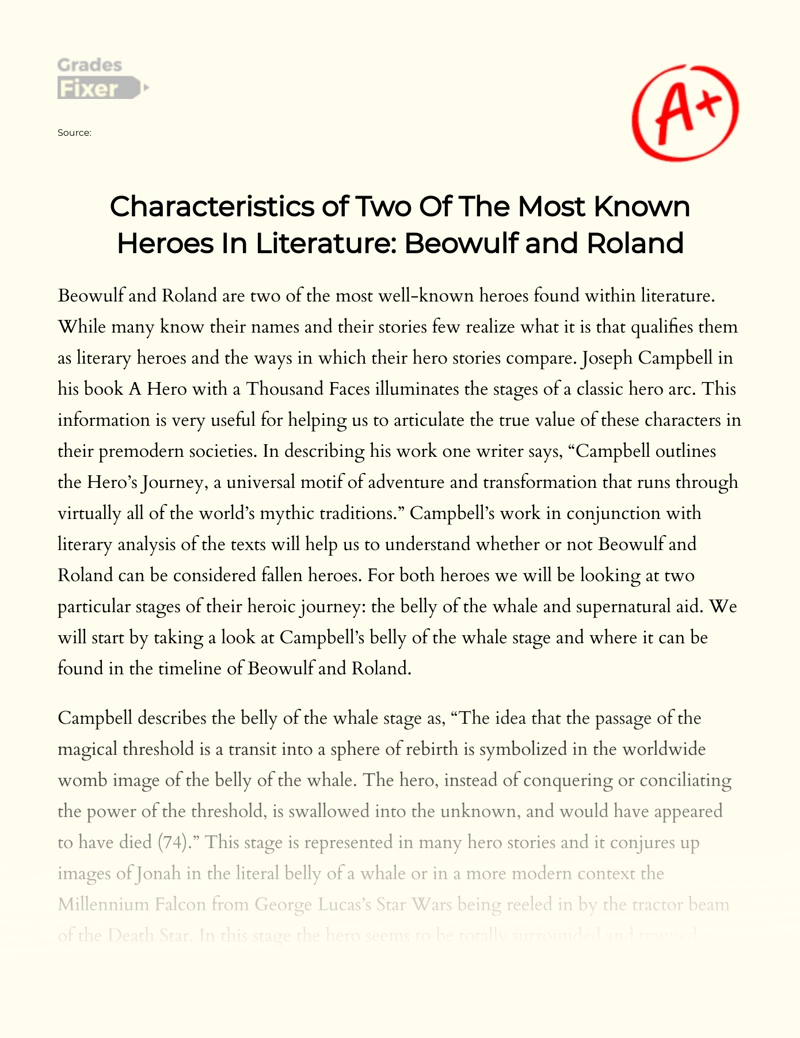 Characteristics of Two of The Most Known Heroes in Literature: Beowulf and Roland Essay