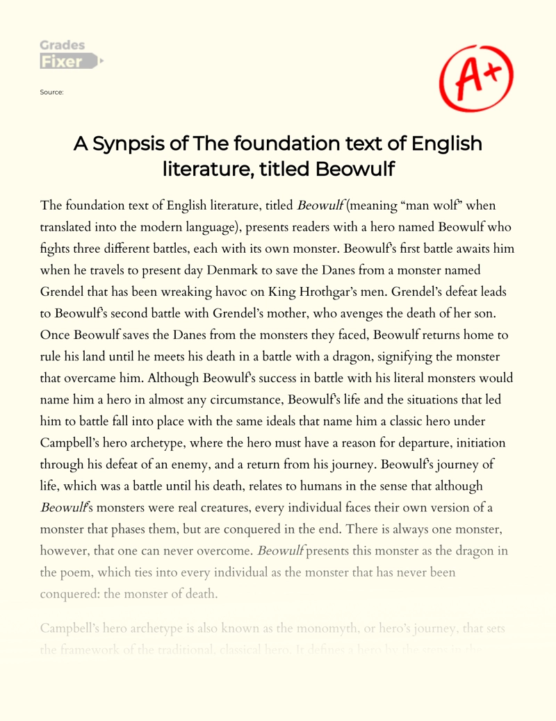 A Synopsis of The Foundation Text of English Literature, Titled Beowulf Essay