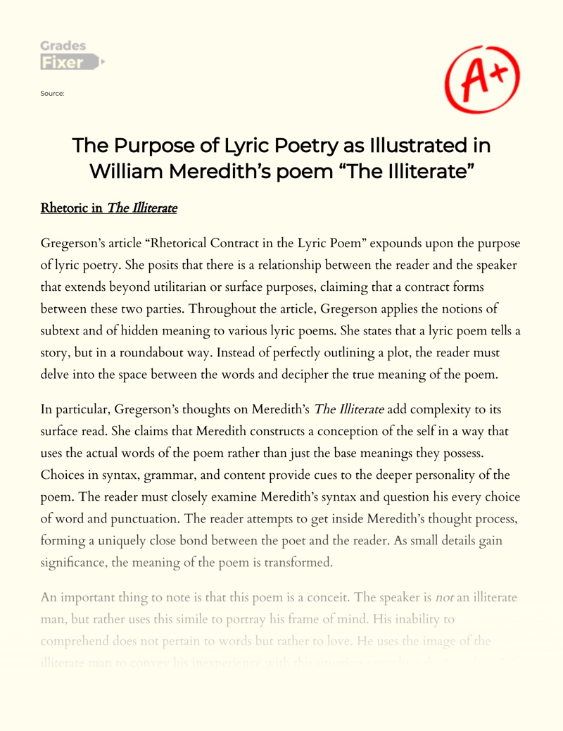 The Purpose of Lyric Poetry as Illustrated in William Meredith’s Poem  "The Illiterate" Essay