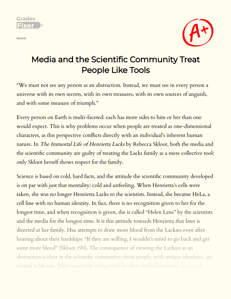 Media and The Scientific Community Treat People Like Tools Essay