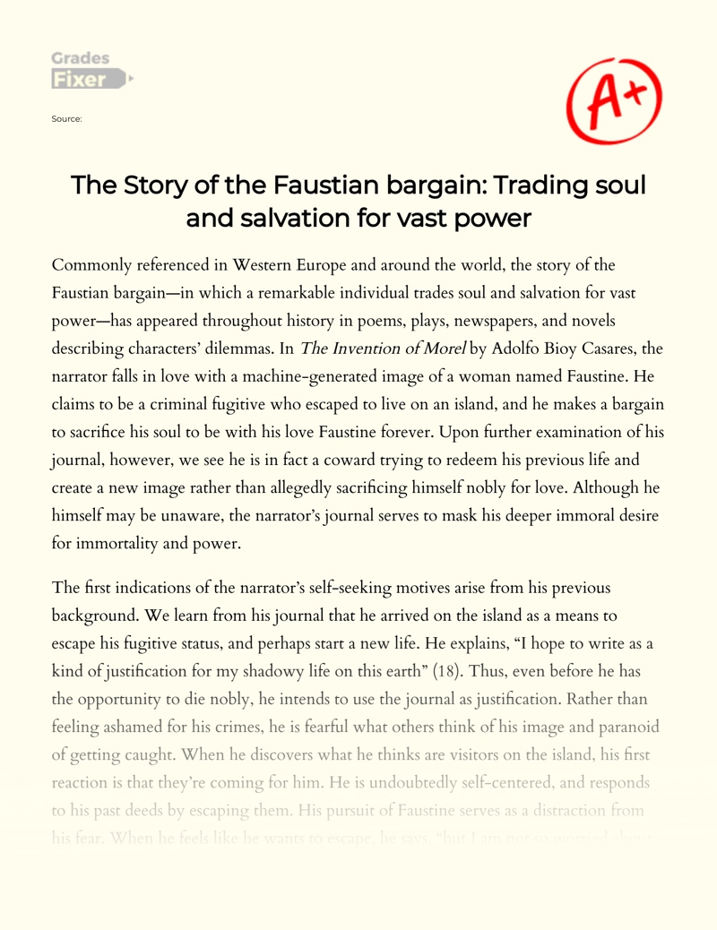 The Story of The Faustian Bargain: Trading Soul and Salvation for Vast Power Essay