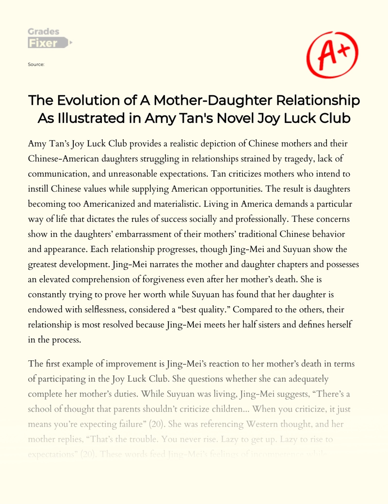 The Evolution of a Mother-daughter Relationship as Illustrated in Amy Tan's Novel Joy Luck Club  Essay