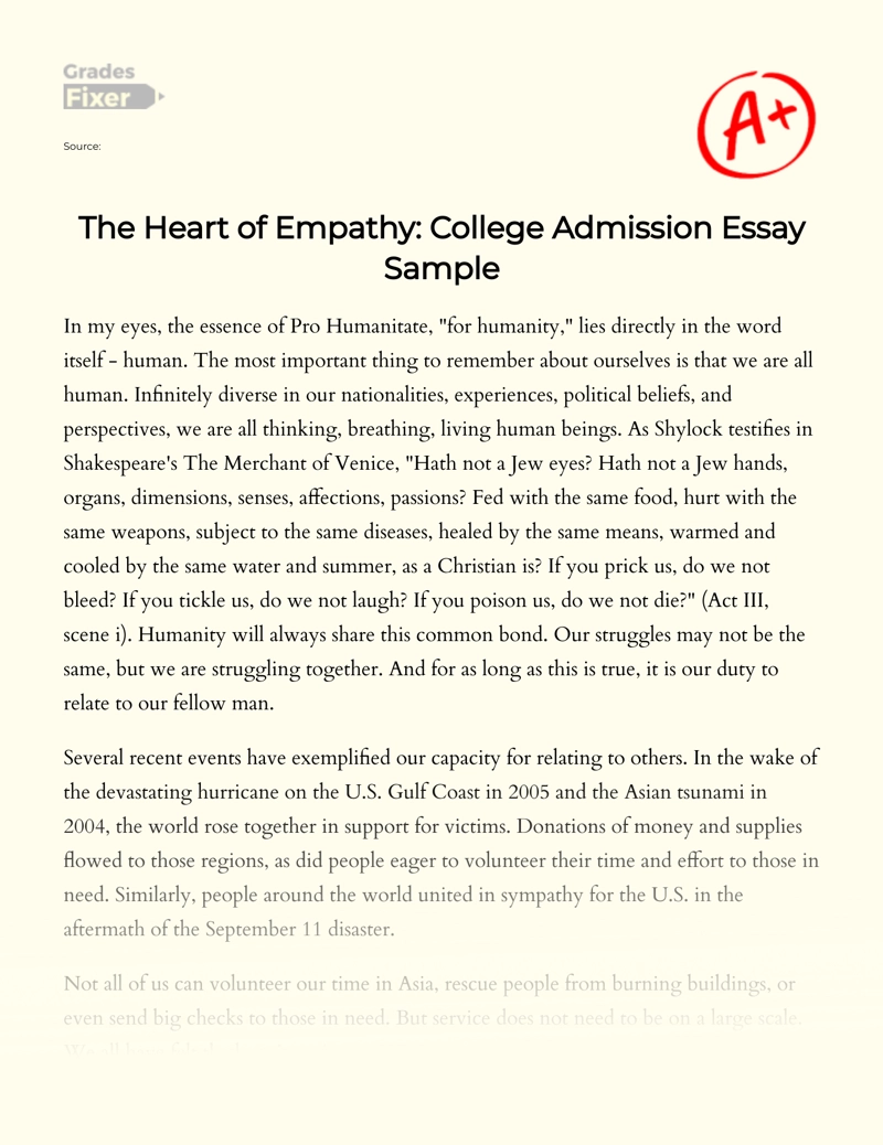 Discussion About Empathy: The Essence of Pro Humanitate Essay