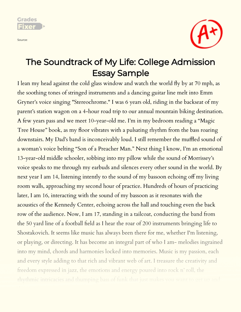 The Soundtrack of My Life: College Admission Essay Sample essay
