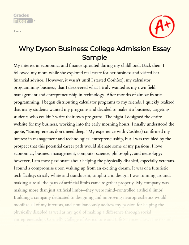 Cornell Dyson: My Path to Technological Entrepreneurship Essay