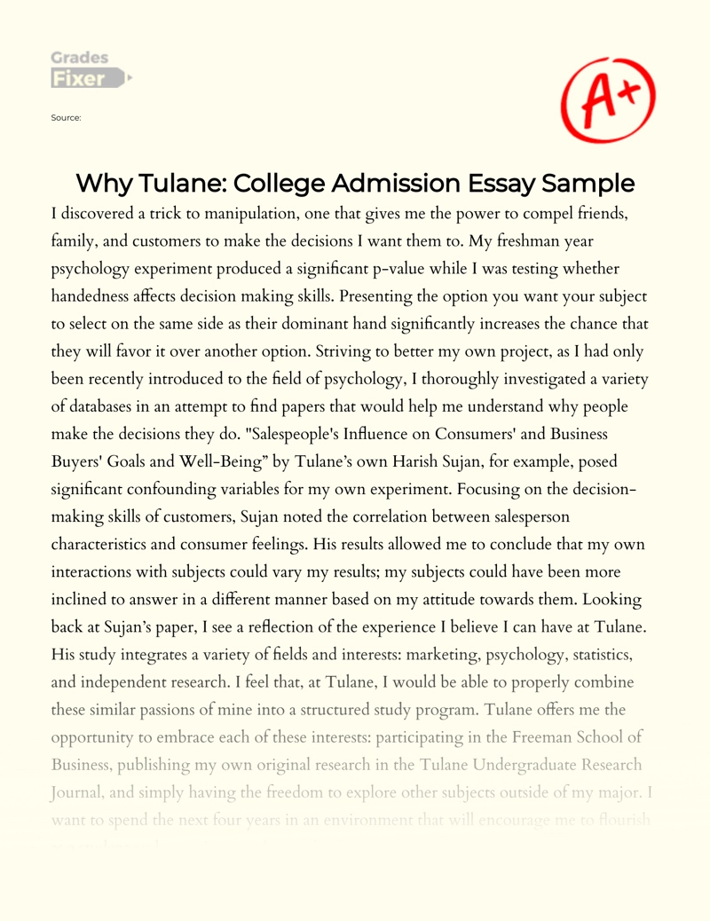 Why Tulane: College Admission Essay Sample essay