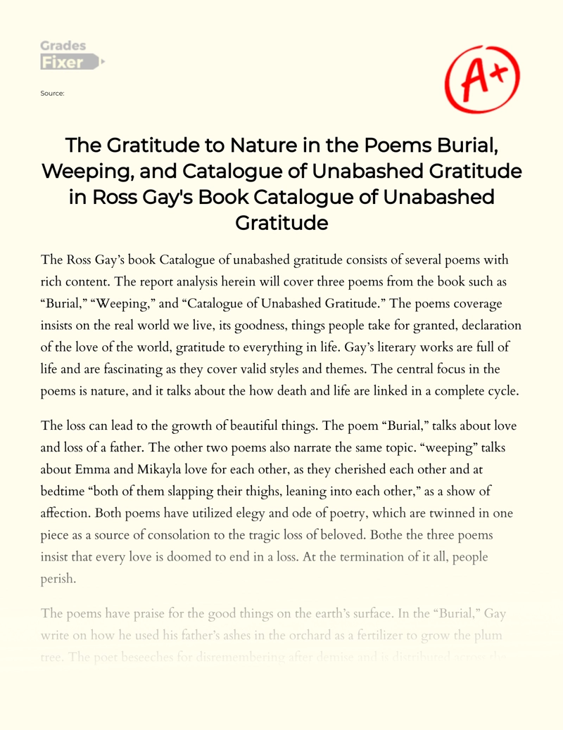 The Gratitude to Nature in The Poems Burial, Weeping, and Catalogue of Unabashed Gratitude in Ross Gay's Book Catalogue of Unabashed Gratitude Essay