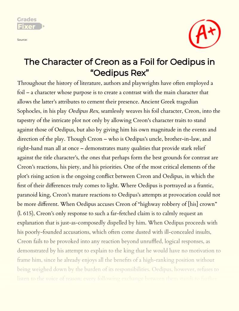 The Character of Creon as a Foil for Oedipus in "Oedipus Rex" Essay