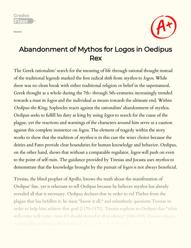 Abandonment of Mythos for Logos in Oedipus Rex Essay