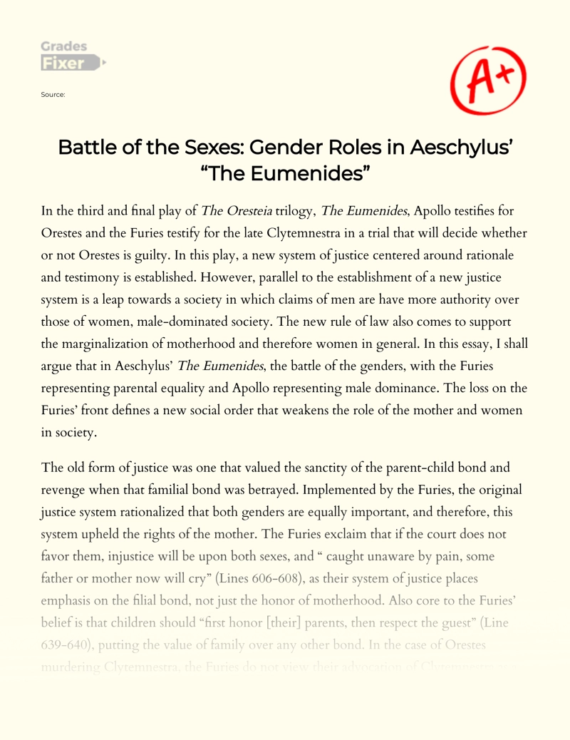 Battle of The Sexes: Gender Roles in Aeschylus’ "The Eumenides" Essay