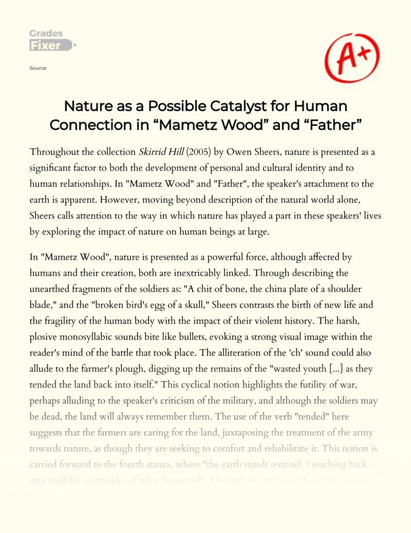 Nature as a Possible Catalyst for Human Connection in "Mametz Wood" and "Father" Essay