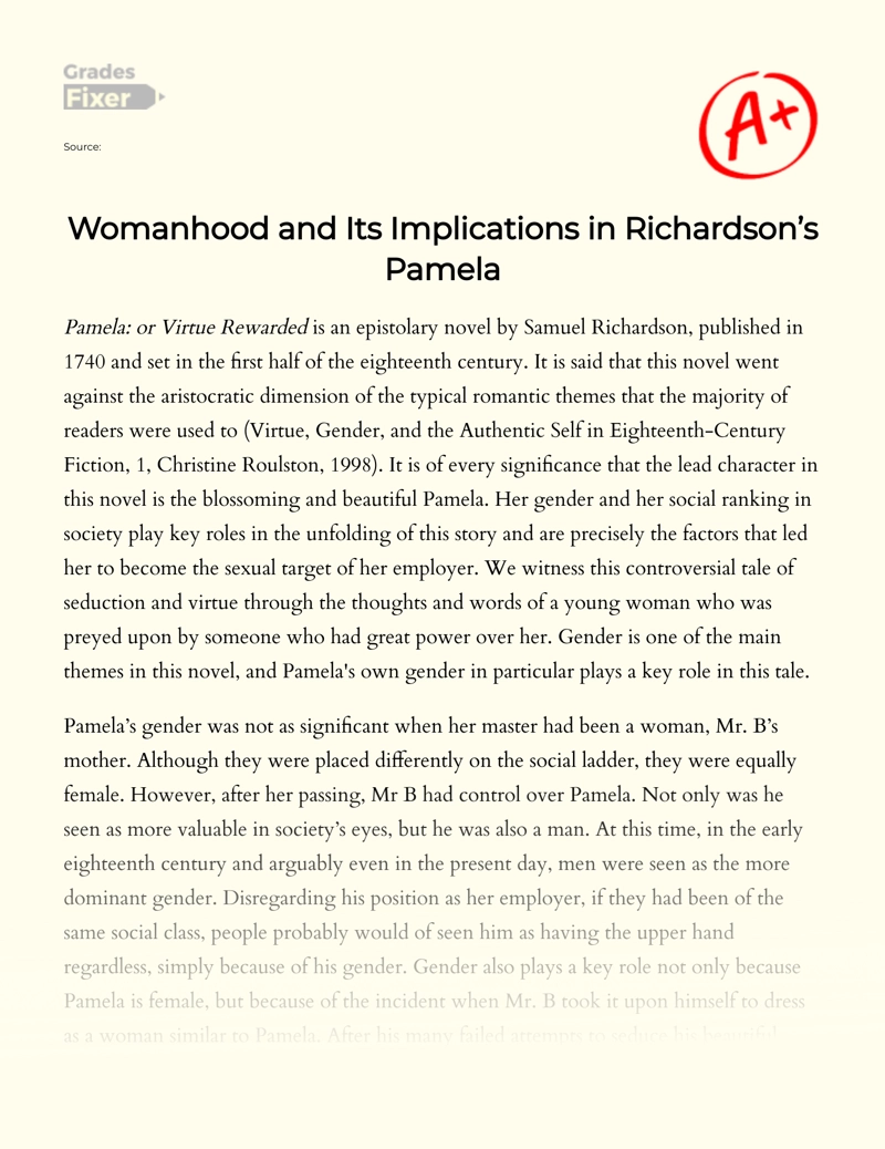 Womanhood and Its Implications in Richardson’s Pamela Essay