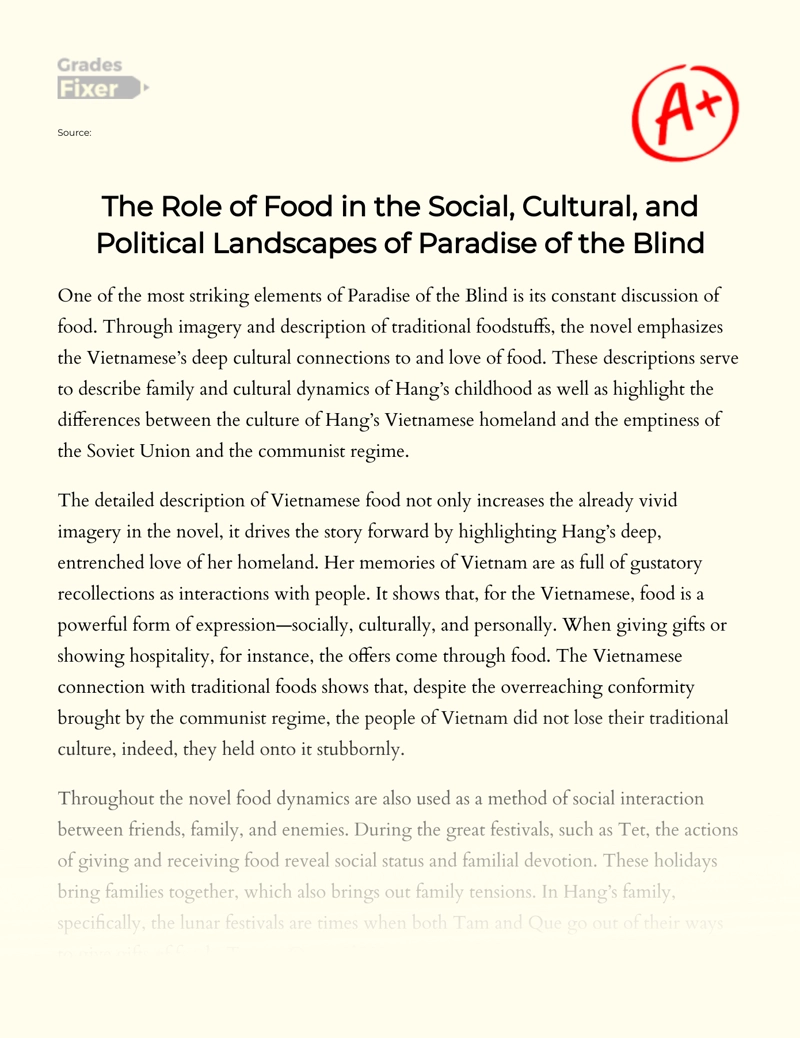 The Role of Food in The Social, Cultural, and Political Landscapes of Paradise of The Blind Essay