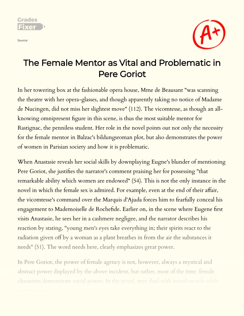 The Female Mentor as Vital and Problematic in Pere Goriot Essay