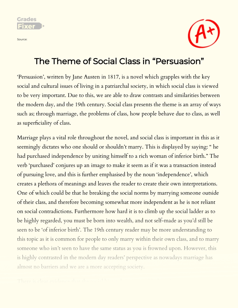 The Theme of Social Class in "Persuasion" Essay