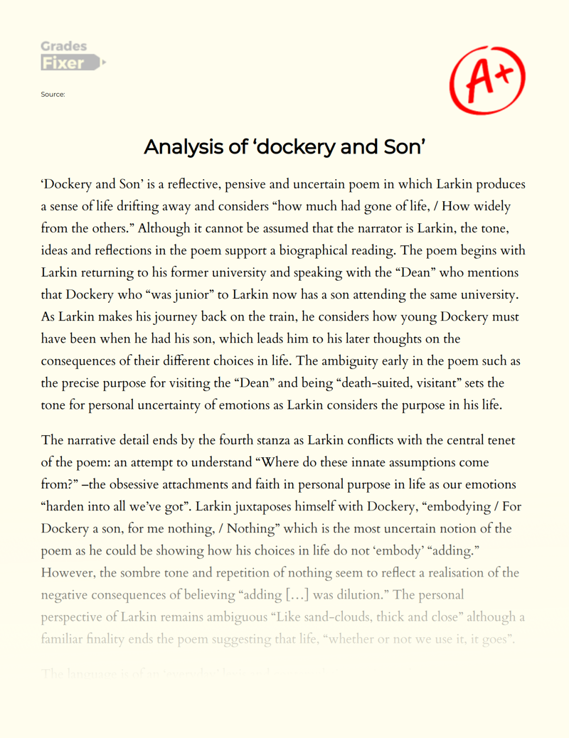 Analysis of ‘dockery and Son’ Essay