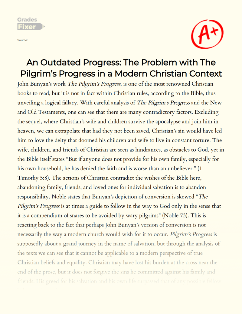 An Outdated Progress: The Problem with The Pilgrim’s Progress in a Modern Christian Context Essay