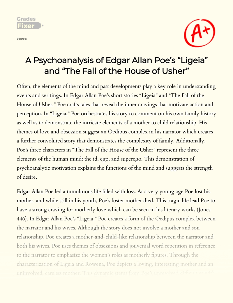 A Psychoanalysis of Edgar Allan Poe’s "Ligeia" and "The Fall of The House of Usher" essay