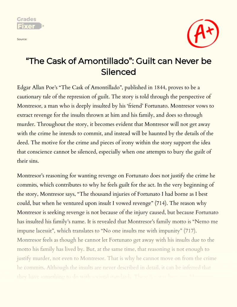 The Unjustified Motive for Murder in "The Cask of Amontillado" Essay
