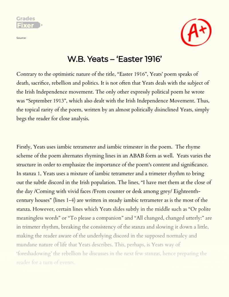 W.b. Yeats – ‘easter 1916’ Essay
