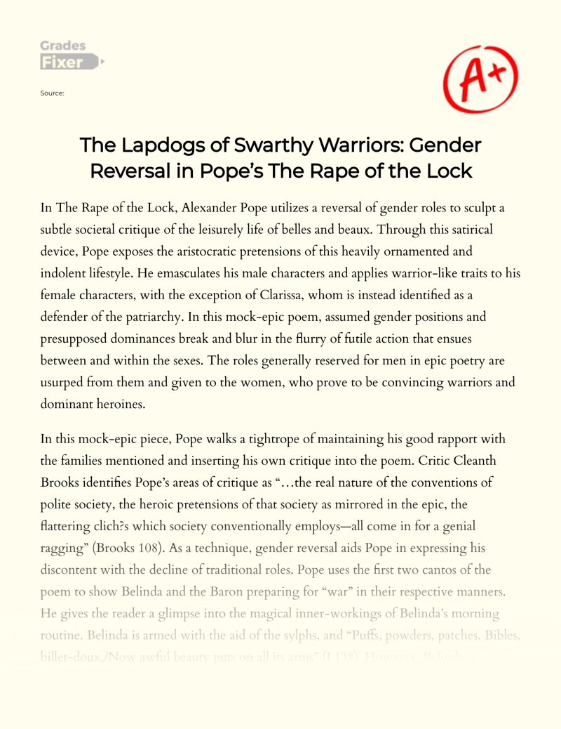 The Lapdogs of Swarthy Warriors: Gender Reversal in Pope’s The Rape of The Lock Essay